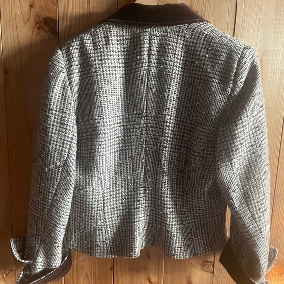 Vintage '80's Gucci Wool Plaid Nubby Tweed Houndstooth Blazer Jacket Velvet Trim - Picture 6 of 9